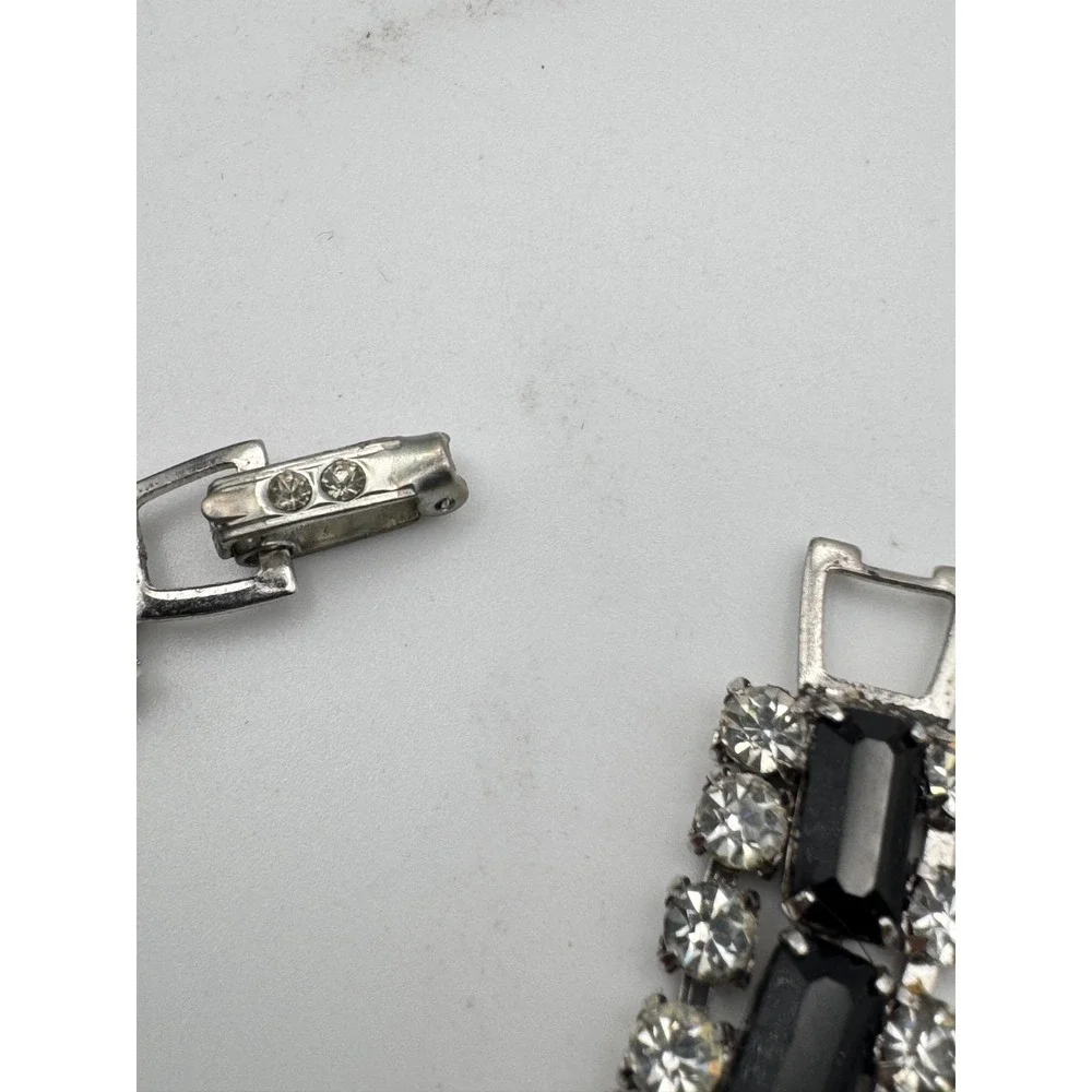 Vintage Rhinestone Bracelet Black Emerald Cut Clear 3 Row Jeweled Clasp MCM